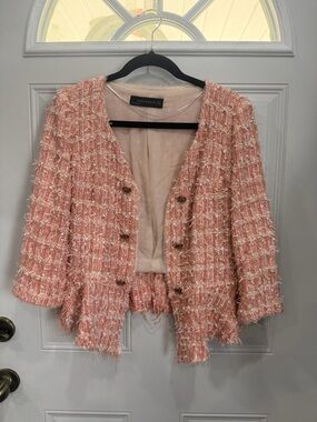 Zara Peach Pink Tweed Fringe Blazer